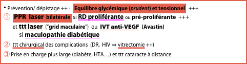 ⦁ Prévention/ dépistage ++ :    Equilibre glycémique (prudent) et tensionnel   +++

①  PPR  laser  bilatérale  si RD proliférante ou pré-proliférante  +++ 
       et ttt laser  (“grid maculaire”)  ou  IVT anti-VEGF  (Avastin)  
            si maculopathie diabétique
② ttt chirurgical des complications  (DR,  HIV ⇒ vitrectomie ++)
③ Prise en charge plus large (diabète, HTA…) et ttt cataracte à distance