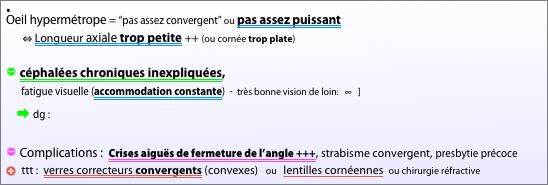 ⦁ 
Oeil hypermétrope = “pas assez convergent” ou pas assez puissant
       ⇔ Longueur axiale trop petite ++ (ou cornée trop plate)

” céphalées chroniques inexpliquées, 
      fatigue visuelle (accommodation constante)  -  très bonne vision de loin:   ∞   ]
     ➡ dg :                                                   

” Complications :  Crises aiguës de fermeture de l’angle +++, strabisme convergent, presbytie précoce
b ttt :  verres correcteurs convergents (convexes)   ou   lentilles cornéennes  ou chirurgie réfractive